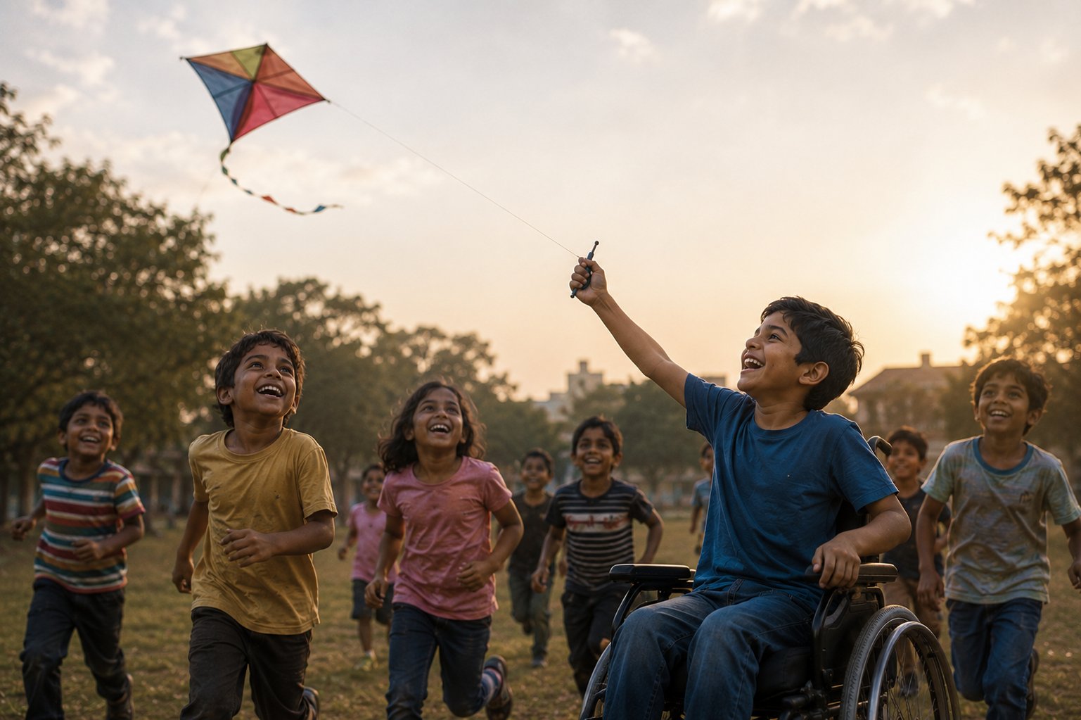A child in a wheelchair flying a kite with friends at golden hour — inclusion, joy, and freedom.